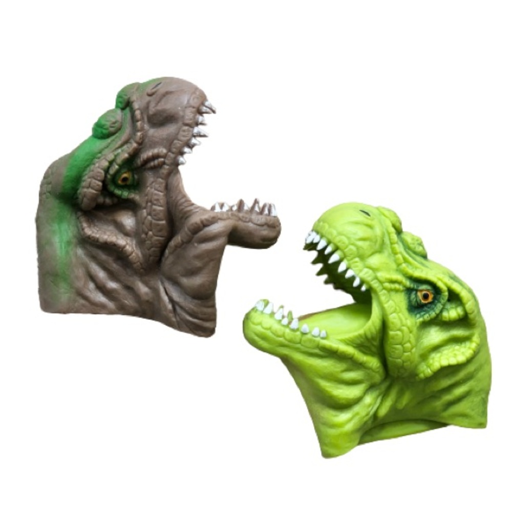 Soft Silicone Dinosaur T-Rex Hand Puppet Set of 2 Green & Brown Dino Kids Toys